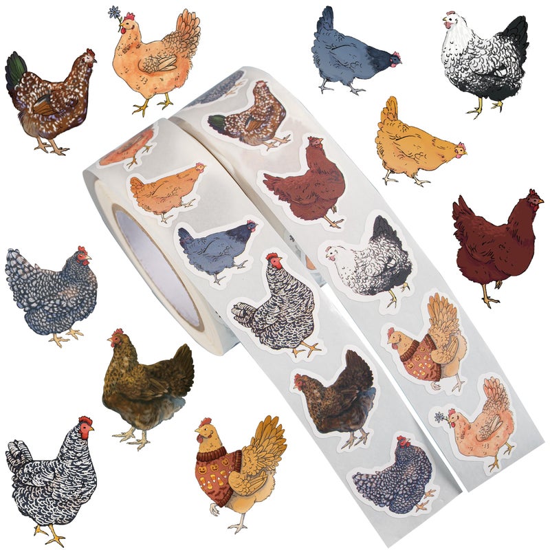 KOPTOP 1000PCS Chicken Stickers Roll, 2 Rolls 10 Styles Cute Hen and Farm Stickers, Waterproof Vinyl Decals for Water Bottles Laptops Scrapbooking Party Favors Classroom Rewards - Image 1