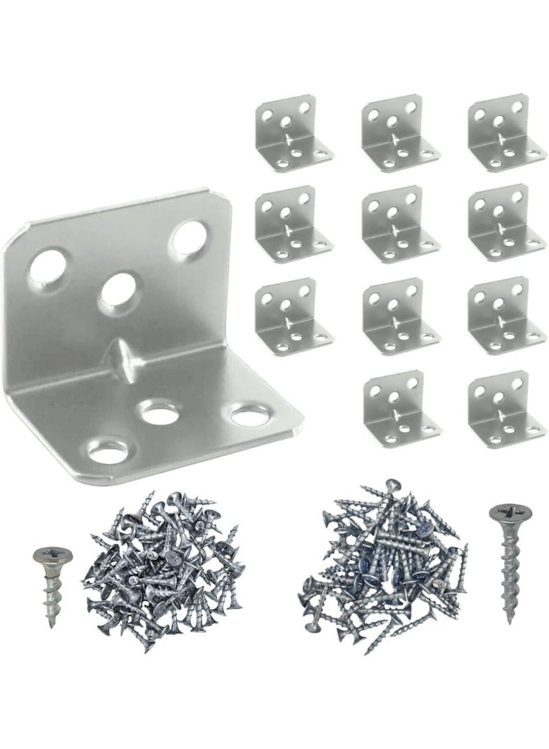 12-Piece Silver Metal Corner Brackets with Mounting Screws (Includes 72 × 1.5 cm Screws & 72 × 2.5 cm Screws) for Securing Shelves, Furniture, Cabinets, and Wood Joints - Image 1