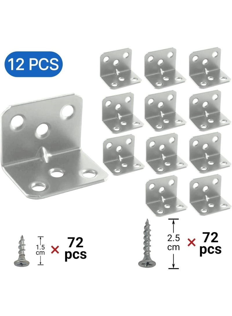 12-Piece Silver Metal Corner Brackets with Mounting Screws (Includes 72 × 1.5 cm Screws & 72 × 2.5 cm Screws) for Securing Shelves, Furniture, Cabinets, and Wood Joints - Image 3