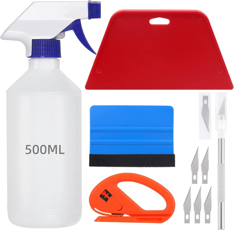 Glarks 10Pcs Window Tint Application Tools Kit with Felt Squeegee, Scraper, Craft Knife, Blades, Safety Film Cutter and 500ml Spray Bottle, Vinyl Wrap Tool Kit for Window Film Wallpaper Trimming - Image 1