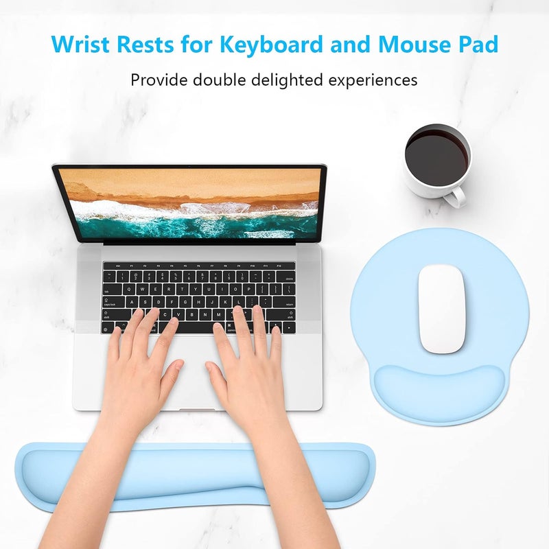 Dapesuom Keyboard Wrist Rest and Mouse Pad with Wrist Support, Memory Foam Cushion for Keyboard and Mouse Set, Ergonomic Desktop Pad Rests with Non Slip Base for Easy Typing & Pain Relief, Sky Blue - Image 2