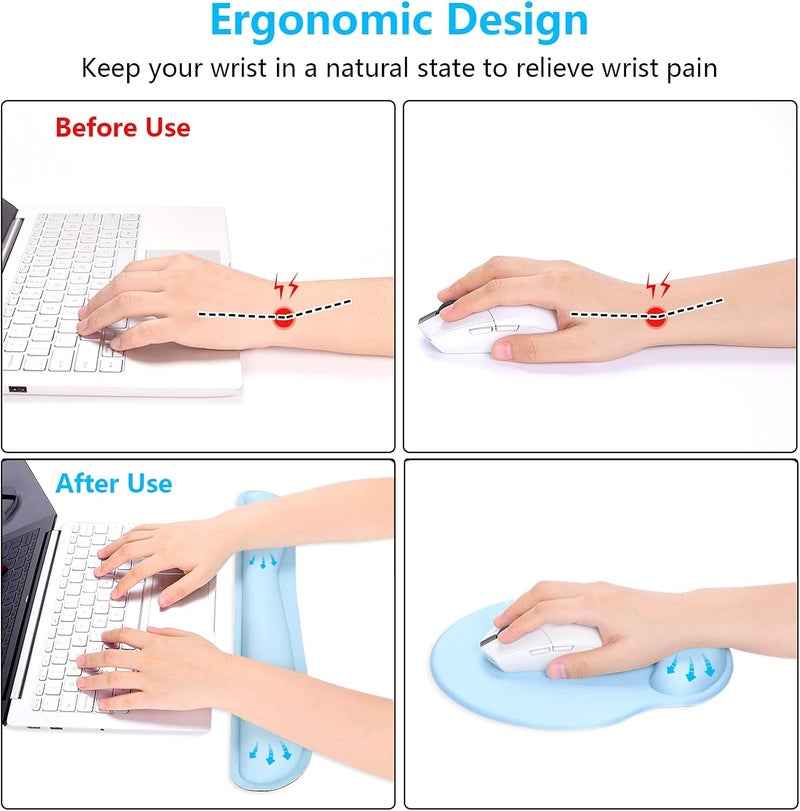 Dapesuom Keyboard Wrist Rest and Mouse Pad with Wrist Support, Memory Foam Cushion for Keyboard and Mouse Set, Ergonomic Desktop Pad Rests with Non Slip Base for Easy Typing & Pain Relief, Sky Blue - Image 3
