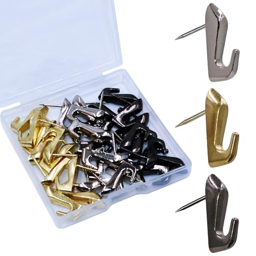 Atsky 30 PCS Push Pin Picture Hooks, thumbtacks for Wall Hanger, Picture Hanging Nails for Wall, Decorative Thumb Tacks for Hanging, Bulletin Board Hooks (Silver & Gold & Black) - Image 1