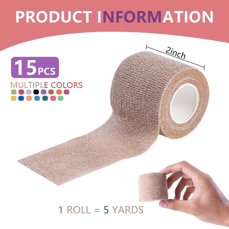 KISEER 15 Pack 2 Inch x 5 Yards Self Adhesive Bandage Breathable Cohesive Bandage Wrap Rolls Elastic Self-Adherent Tape for Stretch Athletic, Sports, Wrist, Ankle - Image 2