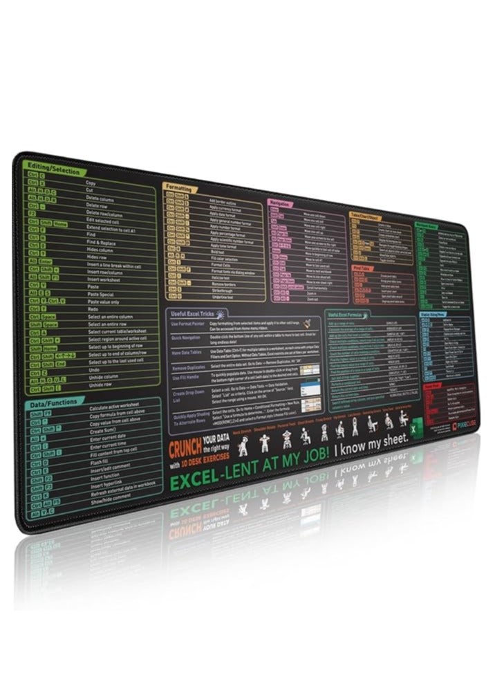 Excel Shortcut Keys Mouse Pad - Extended Large XL Cheat Sheet Gaming Mousepad  PC Office Spreadsheet Keyboard Mat  Non-Slip Stitched Edge  - Image 1
