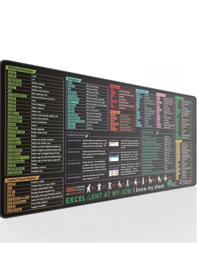 Excel Shortcut Keys Mouse Pad - Extended Large XL Cheat Sheet Gaming Mousepad  PC Office Spreadsheet Keyboard Mat  Non-Slip Stitched Edge - Image 1