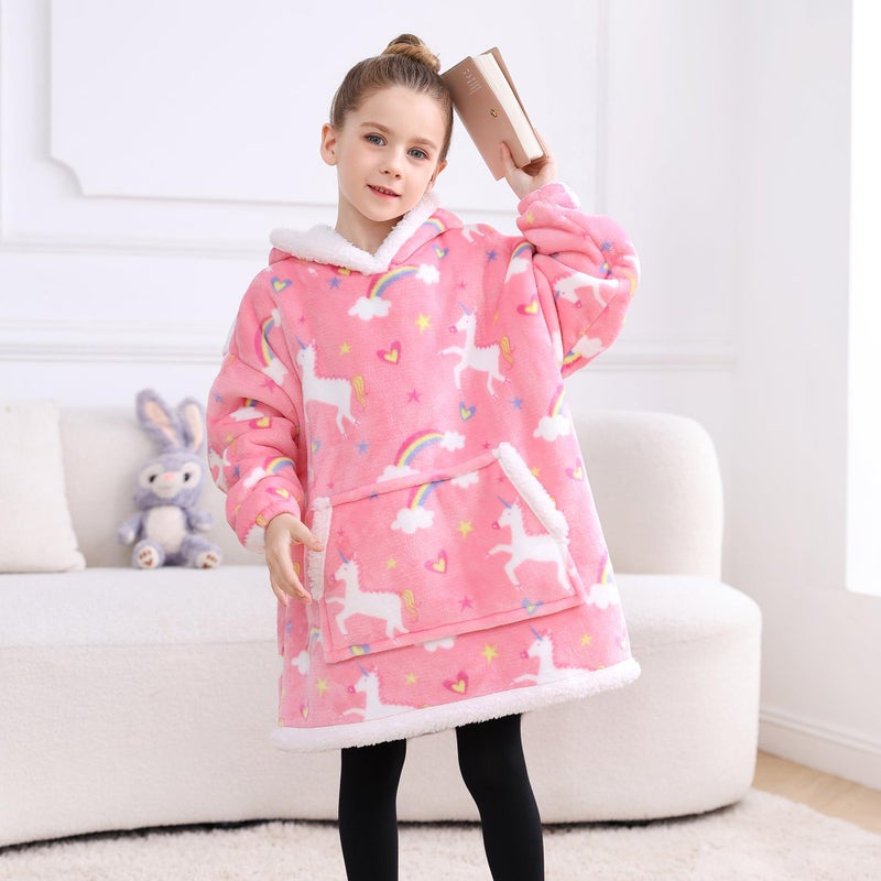 softan Wearable Blanket Hoodie for Kids, Super Warm and Soft Sherpa Flannel Sweatshirt Blanket with Giant Pocket, Hooded Blanket for 6-10 Year Old Girls Gifts, Pink Unicorn - Image 5