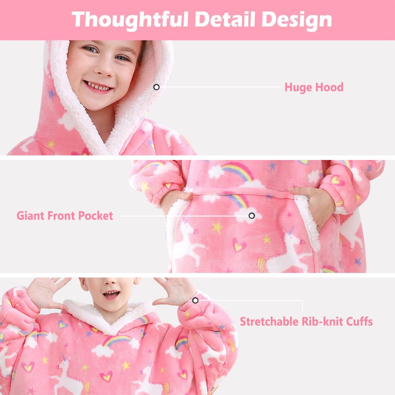 softan Wearable Blanket Hoodie for Kids, Super Warm and Soft Sherpa Flannel Sweatshirt Blanket with Giant Pocket, Hooded Blanket for 6-10 Year Old Girls Gifts, Pink Unicorn - Image 4