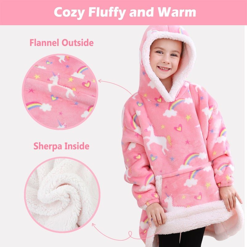 softan Wearable Blanket Hoodie for Kids, Super Warm and Soft Sherpa Flannel Sweatshirt Blanket with Giant Pocket, Hooded Blanket for 6-10 Year Old Girls Gifts, Pink Unicorn - Image 3