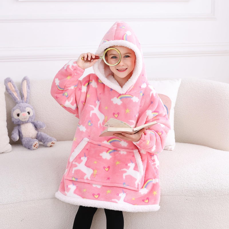 softan Wearable Blanket Hoodie for Kids, Super Warm and Soft Sherpa Flannel Sweatshirt Blanket with Giant Pocket, Hooded Blanket for 6-10 Year Old Girls Gifts, Pink Unicorn - Image 2