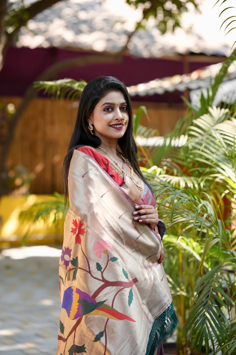 AMIRAT Women's Paithani Soft Silk Saree Pure Banarasi Silk Saree with Unstitched Blouse Piece (Teal) - Image 5
