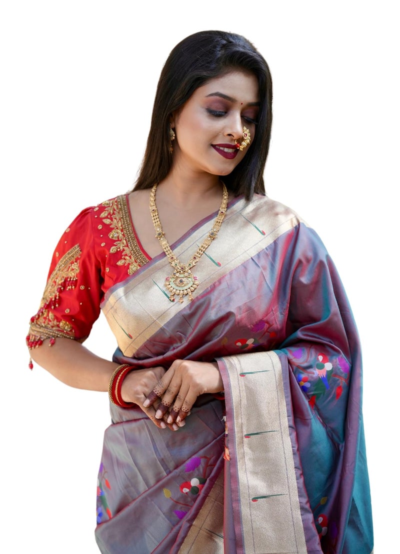 AMIRAT Women's Paithani Soft Silk Saree Pure Banarasi Silk Saree with Unstitched Blouse Piece (Teal) - Image 1