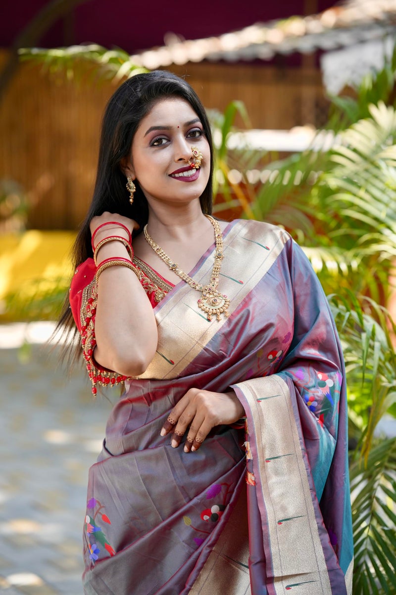 AMIRAT Women's Paithani Soft Silk Saree Pure Banarasi Silk Saree with Unstitched Blouse Piece (Teal) - Image 3