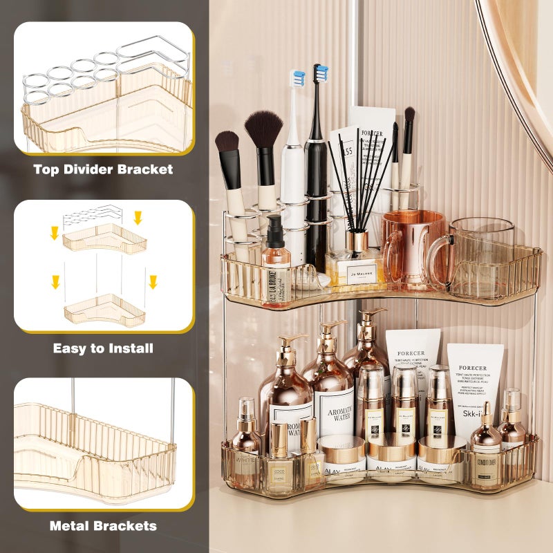 Asayuee 2-Tier Corner Bathroom Counter Organizer with Top Toothbrush Holders,Large Makeup Organizer Countertop with Brush Holder,Skincare Organizers Corner,Exquisite Vanity Organizer (Gold, 2 Tier) - Image 5