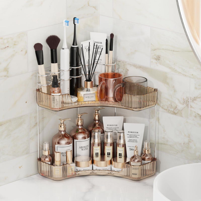 Asayuee 2-Tier Corner Bathroom Counter Organizer with Top Toothbrush Holders,Large Makeup Organizer Countertop with Brush Holder,Skincare Organizers Corner,Exquisite Vanity Organizer (Gold, 2 Tier) - Image 4