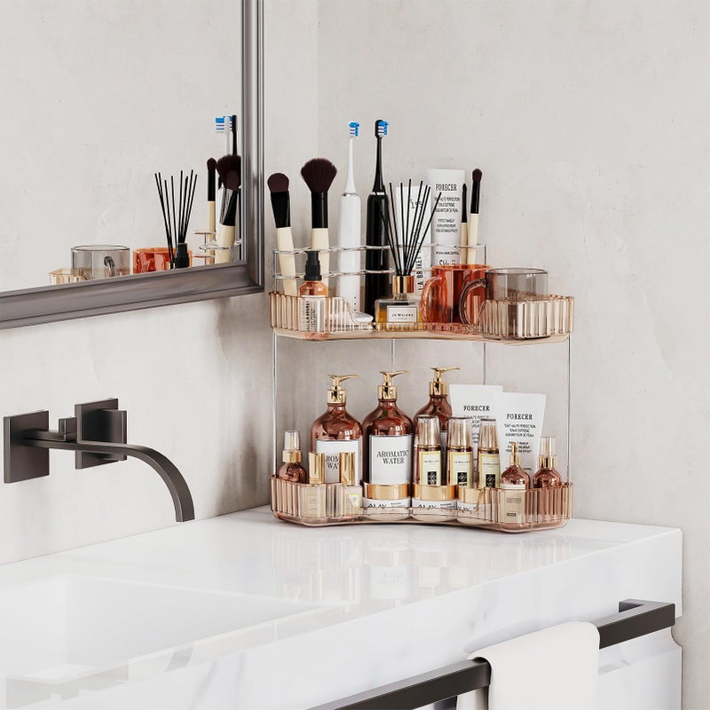 Asayuee 2-Tier Corner Bathroom Counter Organizer with Top Toothbrush Holders,Large Makeup Organizer Countertop with Brush Holder,Skincare Organizers Corner,Exquisite Vanity Organizer (Gold, 2 Tier) - Image 2