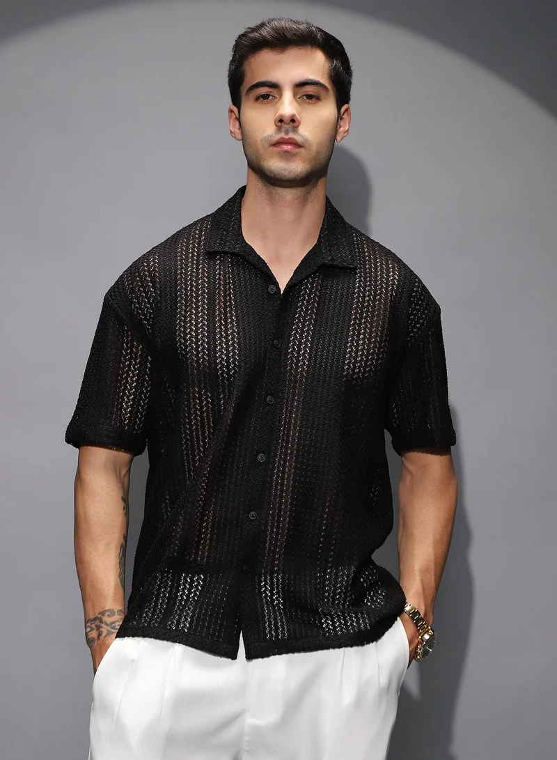 Campus Sutra Men's Onyx Black Solid Open-Knit Resort Shirt For Casual Wear | Cuban Collar | Short Regular Sleeves | Button Closure | Oversized Shirt Shirt Crafted With Comfort Fit For Everyday Wear