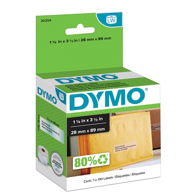 DYMO Authentic LW Clear Mailing Address Labels, DYMO Labels for LabelWriter Label Printers, 1-1/8" x 3-1/2", 1 Roll of 130 - Image 1
