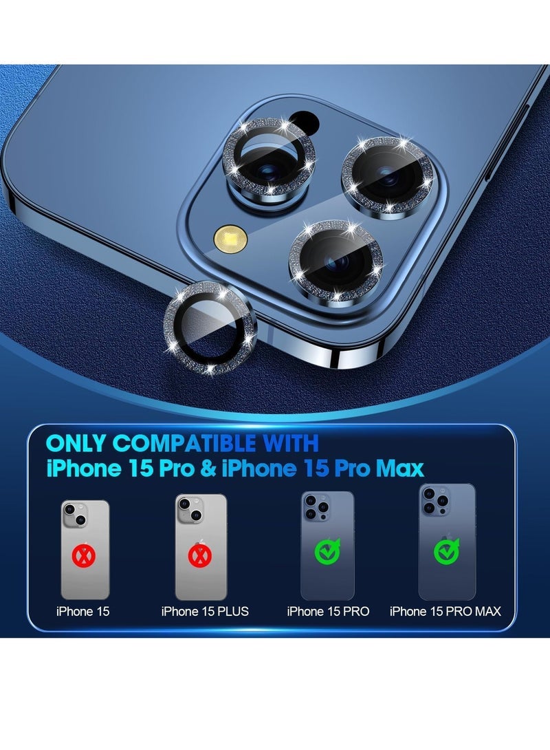 iPhone 15 Pro - iPhone 15 Pro Max Camera Lens Protector, 9H Tempered Glass Camera Cover Screen Protector Metal Individual Ring for iPhone 15 Pro 6.1 inch iPhone 15 Pro Max 6.7 inch[Glitter] (Blue Tita - Image 2