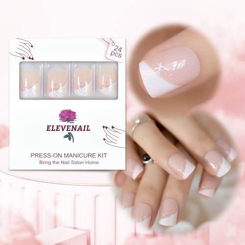 ELEVENAIL Medium Short Squoval Shimmer Glitter Decor French Press on Nail Tips Nude White False Fake Nails Salon Manicure Reusable Nails Art Tips DIY Faux Ongle Acrylic Artificial Wear Nails - Image 5