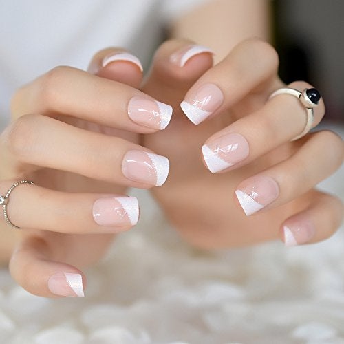 ELEVENAIL Medium Short Squoval Shimmer Glitter Decor French Press on Nail Tips Nude White False Fake Nails Salon Manicure Reusable Nails Art Tips DIY Faux Ongle Acrylic Artificial Wear Nails - Image 2