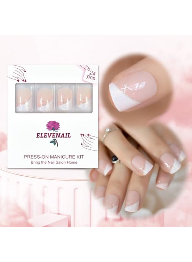ELEVENAIL Medium Short Squoval Shimmer Glitter Decor French Press on Nail Tips Nude White False Fake Nails Salon Manicure Reusable Nails Art Tips DIY Faux Ongle Acrylic Artificial Wear Nails - Image 4