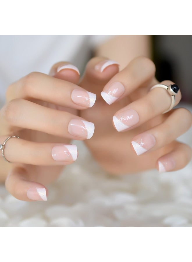 ELEVENAIL Medium Short Squoval Shimmer Glitter Decor French Press on Nail Tips Nude White False Fake Nails Salon Manicure Reusable Nails Art Tips DIY Faux Ongle Acrylic Artificial Wear Nails - Image 3