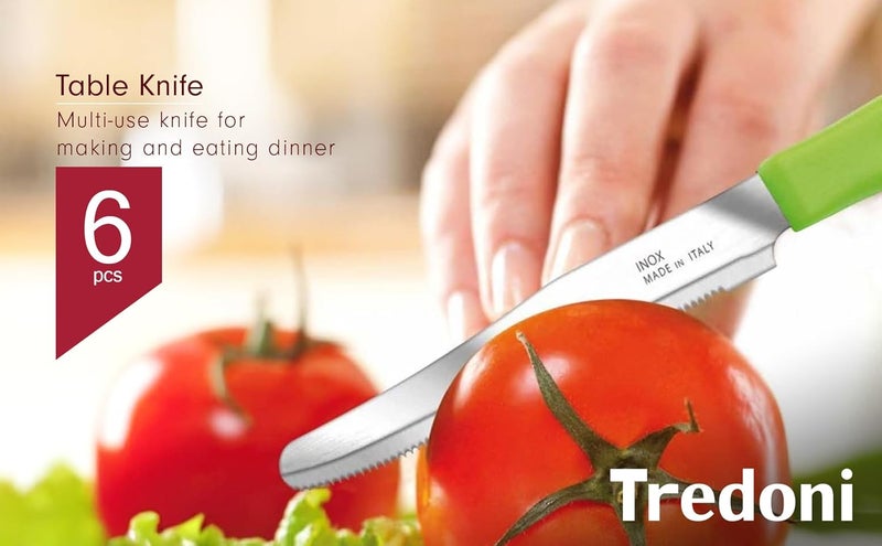 Tredoni 6 kitchen Knives - 4.3"/11cm Italian Stainless Steel Serrated Vegetable/Steak/Table Knife Cutlery, Rounded Tip (Red) - Image 2