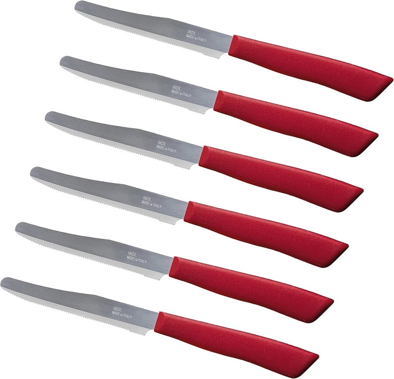 Tredoni 6 kitchen Knives - 4.3"/11cm Italian Stainless Steel Serrated Vegetable/Steak/Table Knife Cutlery, Rounded Tip (Red) - Image 1