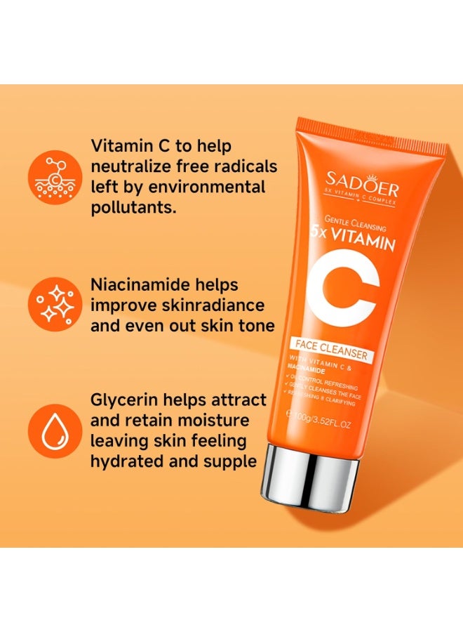 SADOER 5X Vitamin C Face Cleanser, Facial Cleanser Niacinamide & Hyaluronic Acid, Gentle Pore Refining Daily Wash for Oily & Dull Skin, Clear, Oil Balancing, 100g - Image 5