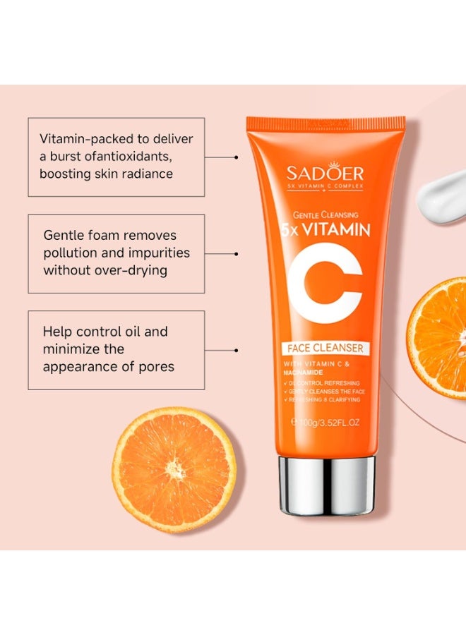 SADOER 5X Vitamin C Face Cleanser, Facial Cleanser Niacinamide & Hyaluronic Acid, Gentle Pore Refining Daily Wash for Oily & Dull Skin, Clear, Oil Balancing, 100g - Image 1