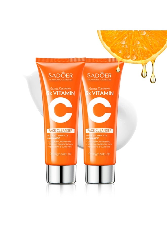 SADOER 5X Vitamin C Face Cleanser, Facial Cleanser Niacinamide & Hyaluronic Acid, Gentle Pore Refining Daily Wash for Oily & Dull Skin, Clear, Oil Balancing, 100g - Image 2