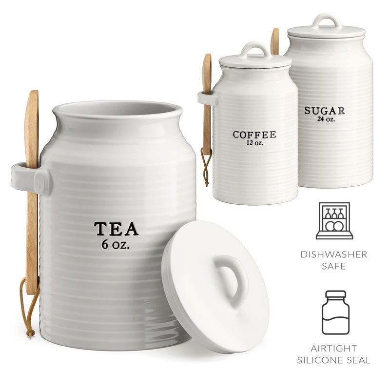 Barnyard Designs Canister Set for Kitchen Counter, Coffee Tea Sugar Container Ceramic Set, Decorative Canisters, Rustic Farmhouse Canister Jars, White (Coffee/Sugar/Tea) - Image 2