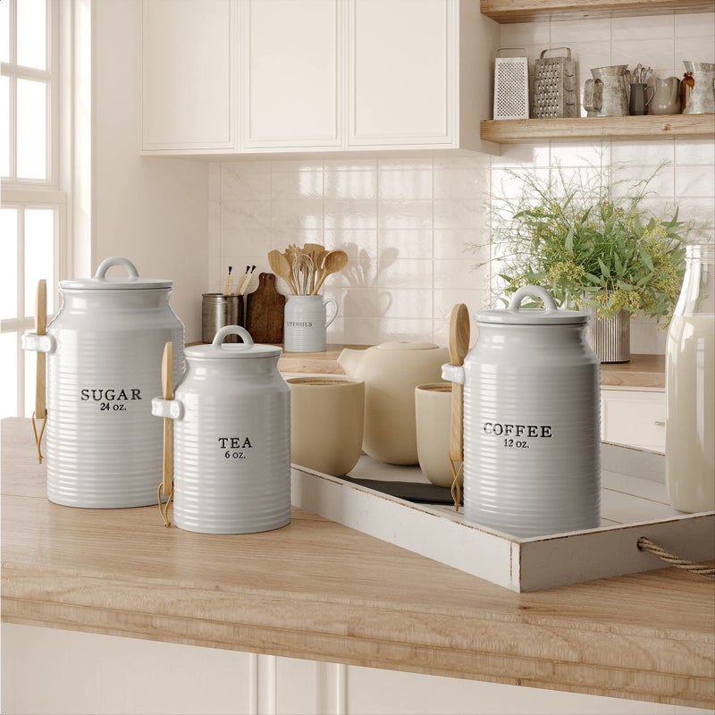 Barnyard Designs Canister Set for Kitchen Counter, Coffee Tea Sugar Container Ceramic Set, Decorative Canisters, Rustic Farmhouse Canister Jars, White (Coffee/Sugar/Tea) - Image 4
