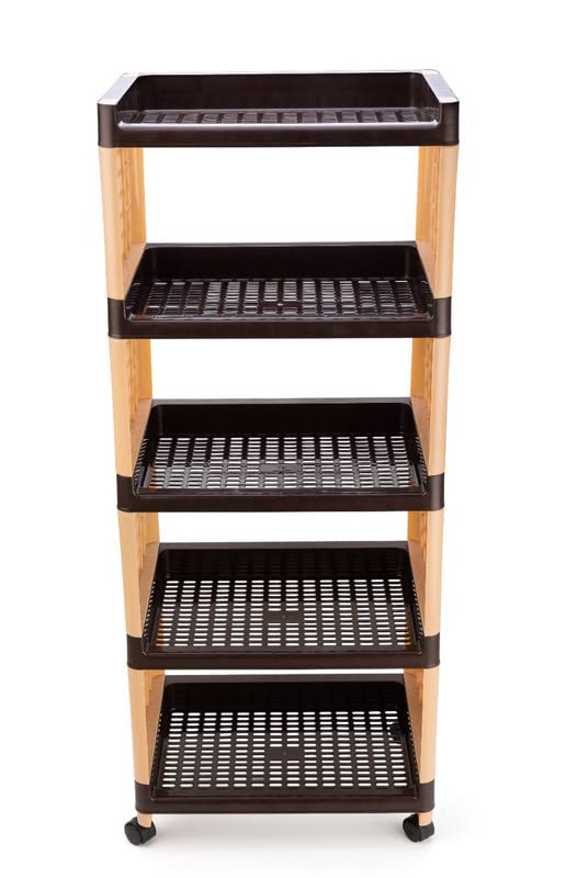 SORATH Rectangular 5 Layer MultiPurpose Kitchen Storage Basket Rack Trolley with Wheels for Kitchen Office Use EasytoMove Slide Out Stand Rack Fruits Vegetables Basket StandBrown - Image 1