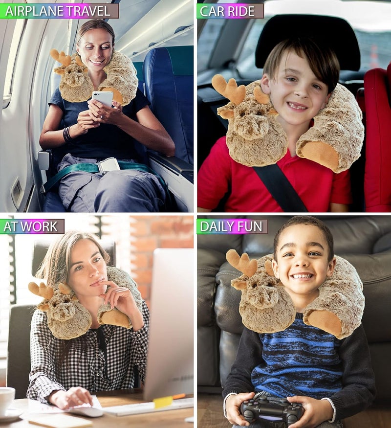 Puzzled DolliBu Brown Moose Plush Neck Pillow - Soft Travel Neck Pillow Animal for Neck & Head Support, Cute Wild Life Stuffed Pillow Accessory for Naps, Novelty Stuffed Animal Headrest for Kids & Adults - Image 3