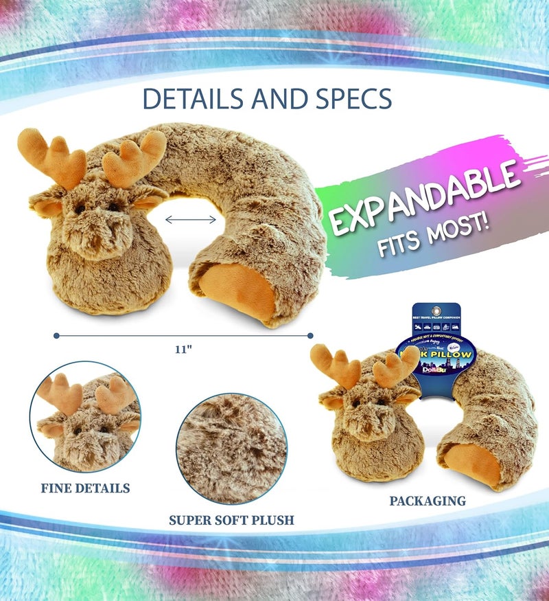 Puzzled DolliBu Brown Moose Plush Neck Pillow - Soft Travel Neck Pillow Animal for Neck & Head Support, Cute Wild Life Stuffed Pillow Accessory for Naps, Novelty Stuffed Animal Headrest for Kids & Adults - Image 2
