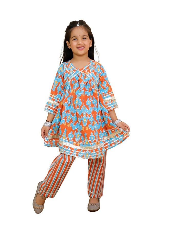The Mom Store Girls Kurta Pajama Set Ethnic Wear | Printed | Stylish Kids/baby Kurta for Festivals & Occasions | Rustic Roots, Multi | 6-12M - Image 1