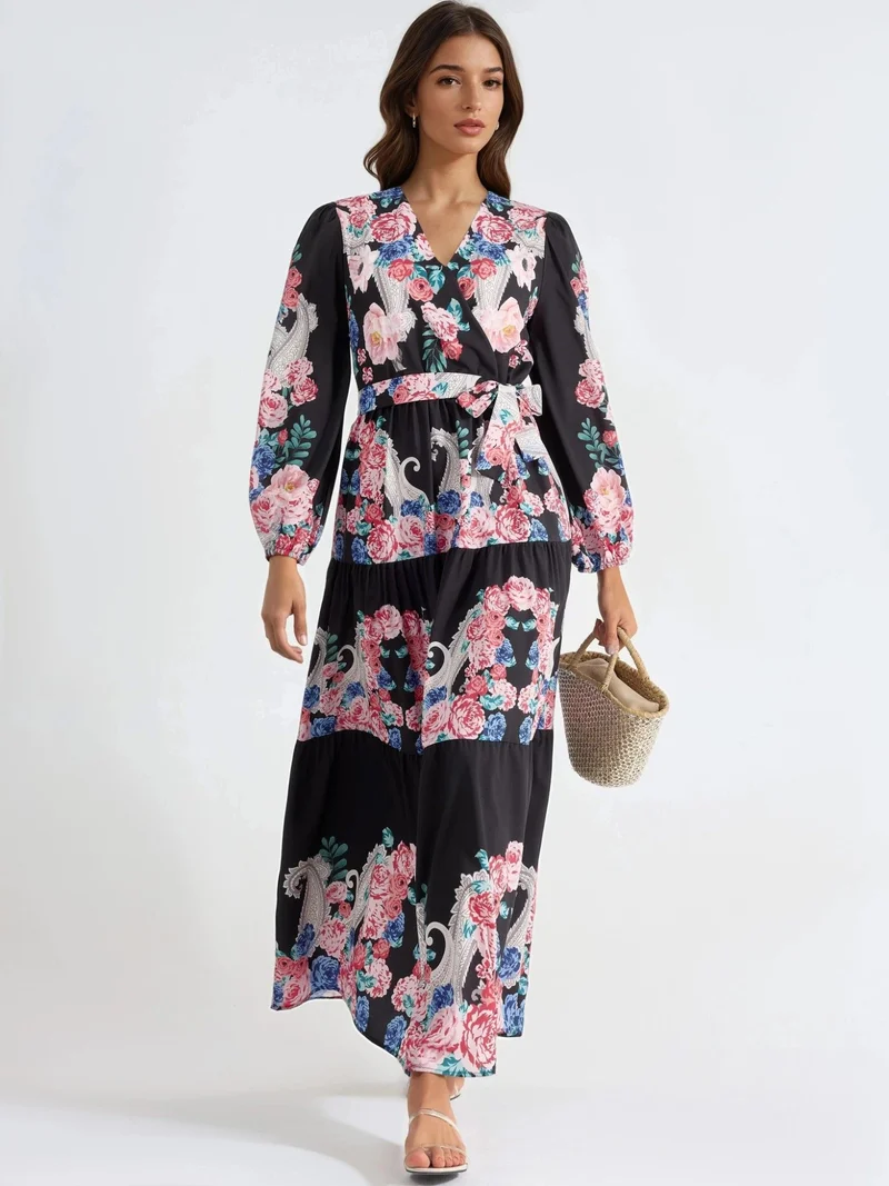 جينيفر Floral V-Neck Maxi Dress with Tie Detail