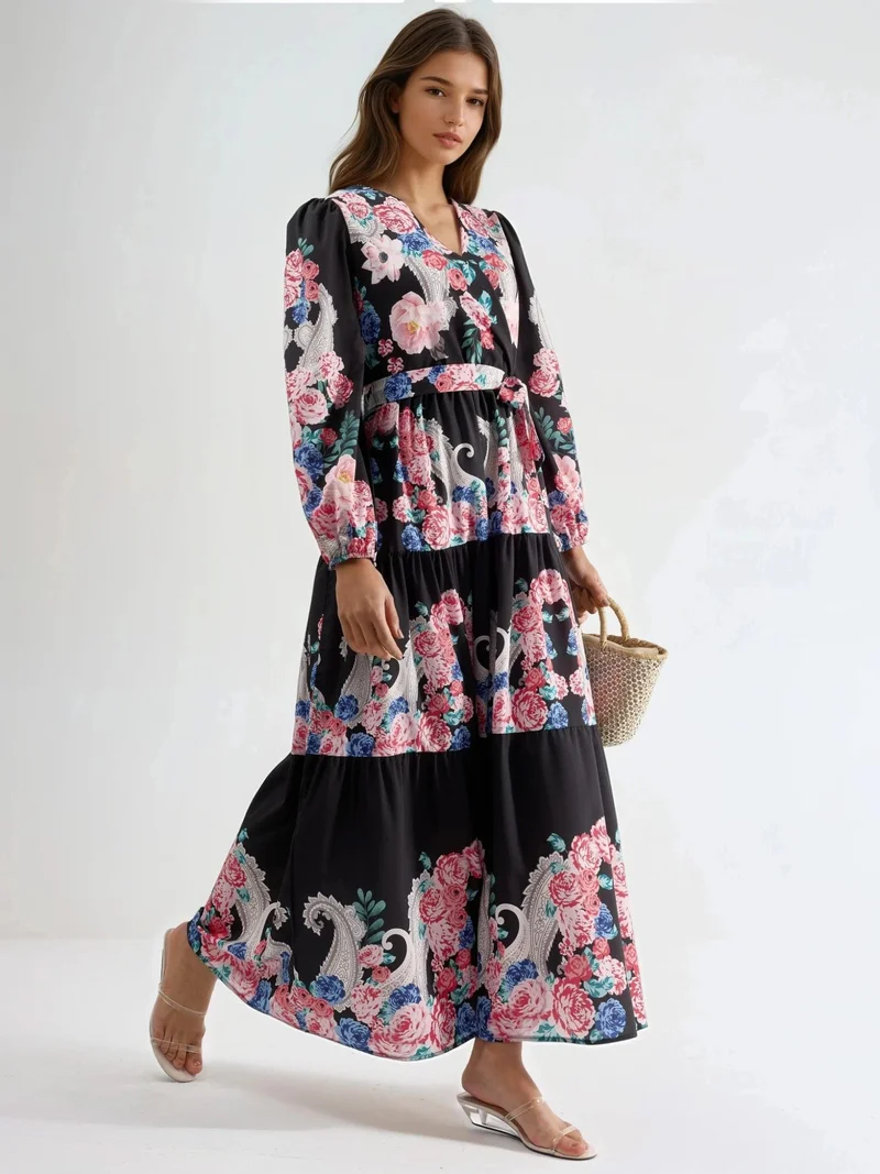 جينيفر Floral V-Neck Maxi Dress with Tie Detail