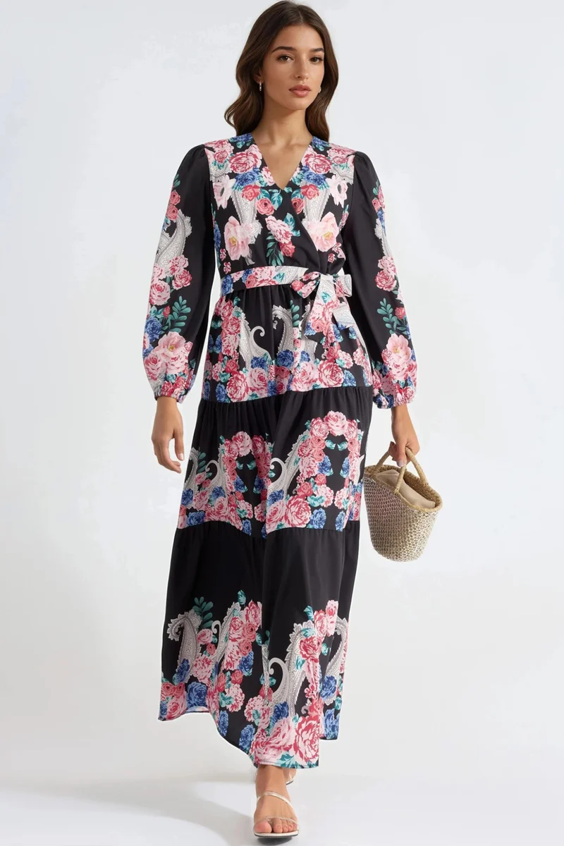 جينيفر Floral V-Neck Maxi Dress with Tie Detail