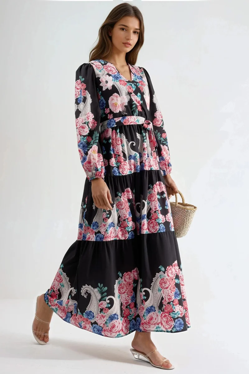 جينيفر Floral V-Neck Maxi Dress with Tie Detail