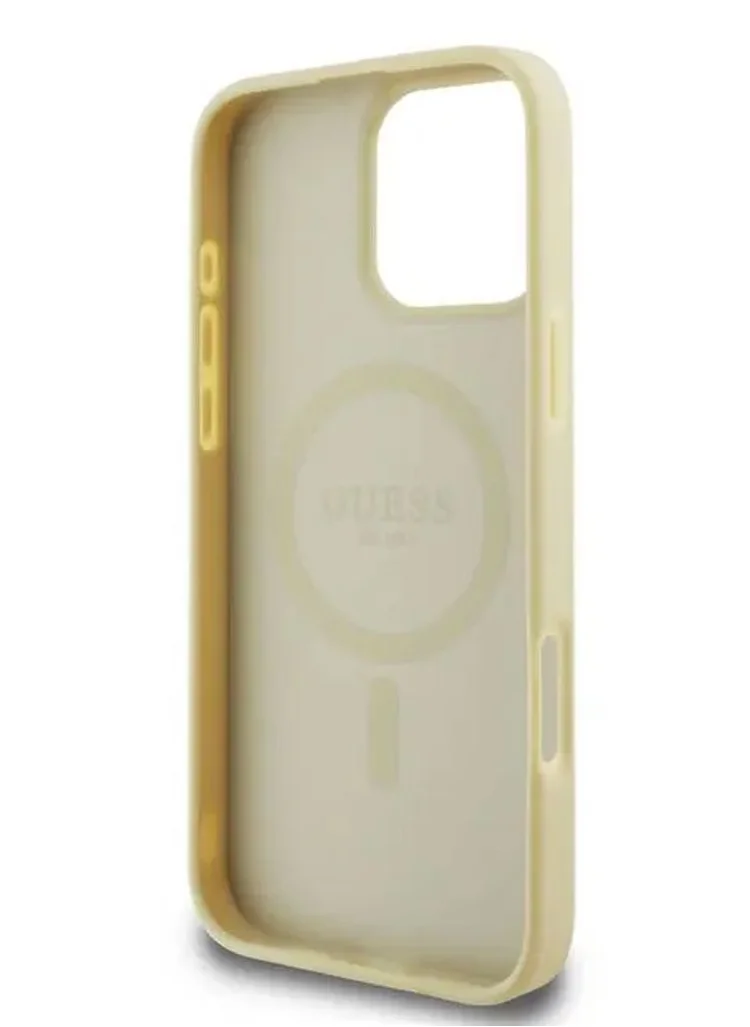 GUESS Magsafe Saffiano PU Case with Peony Hot Stamp Pattern And Classic Logo for iPhone 16 Pro / Easy Snap-On / Drop Protection / Slim Back Cover - Gold