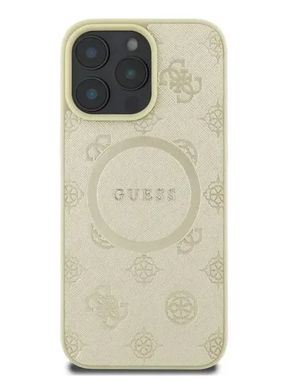 GUESS Magsafe Saffiano PU Case with Peony Hot Stamp Pattern And Classic Logo for iPhone 16 Pro / Easy Snap-On / Drop Protection / Slim Back Cover - Gold