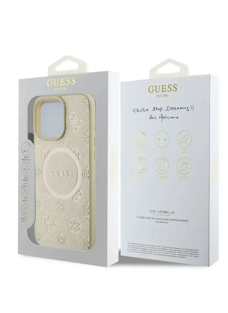 GUESS Magsafe Saffiano PU Case with Peony Hot Stamp Pattern And Classic Logo for iPhone 16 Pro / Easy Snap-On / Drop Protection / Slim Back Cover - Gold