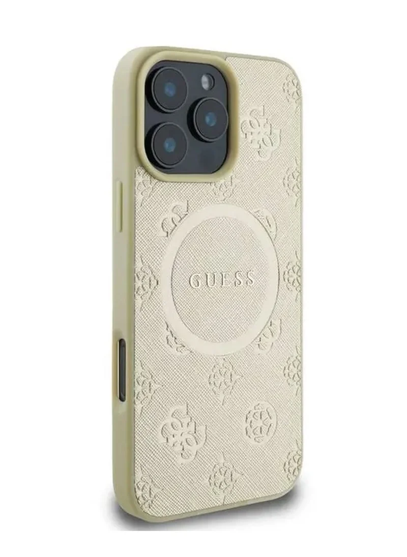 GUESS Magsafe Saffiano PU Case with Peony Hot Stamp Pattern And Classic Logo for iPhone 16 Pro / Easy Snap-On / Drop Protection / Slim Back Cover - Gold