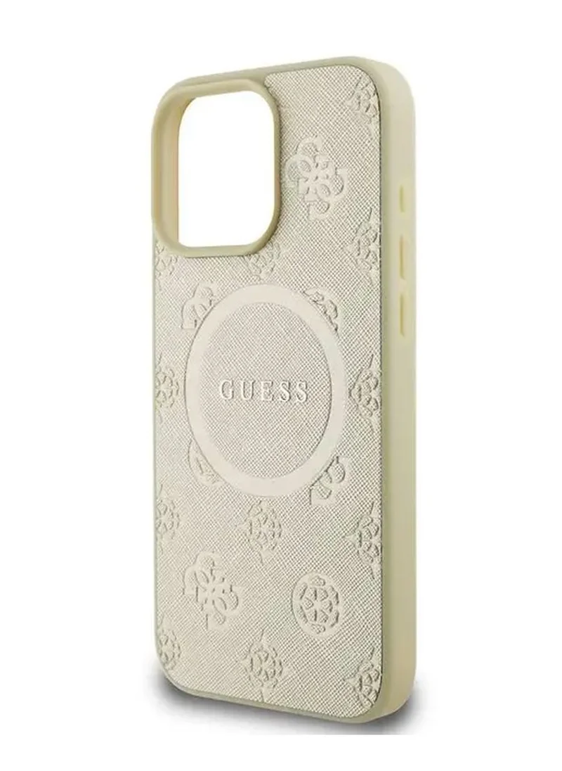 GUESS Magsafe Saffiano PU Case with Peony Hot Stamp Pattern And Classic Logo for iPhone 16 Pro / Easy Snap-On / Drop Protection / Slim Back Cover - Gold