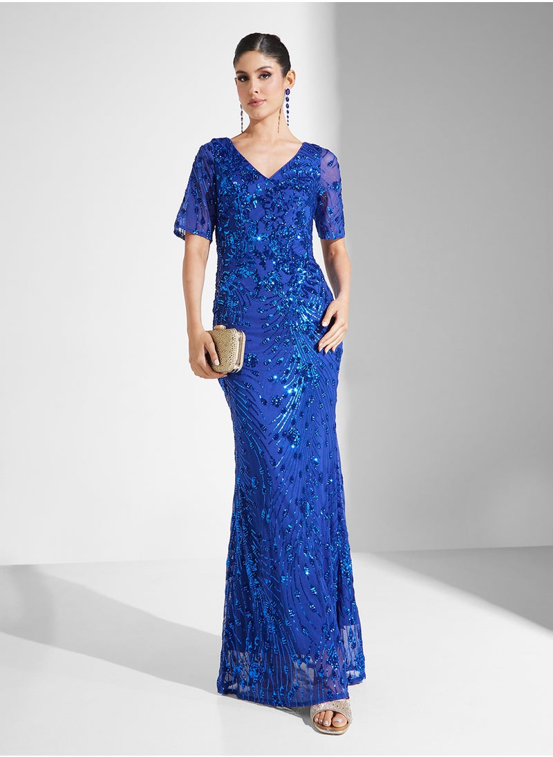 Little Mistress Embelished Short Sleeve V-Neck Fishtail  Dress  - Image 1