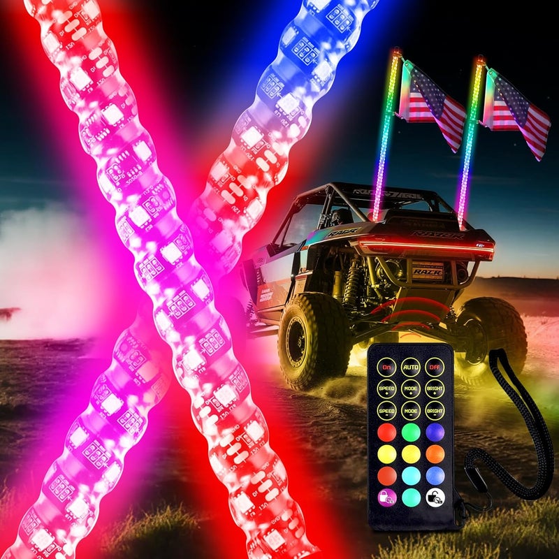 Beatto 2PCS 4FT(1.2M) RF Remote Control RGB LED Whips Light with Dacning/Chasing Light LED Antenna for Off- Road Vehicle ATV UTV RZR Jeep Trucks Dunes. - Image 1