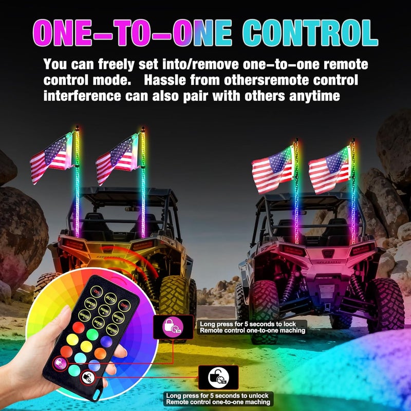 Beatto 2PCS 4FT(1.2M) RF Remote Control RGB LED Whips Light with Dacning/Chasing Light LED Antenna for Off- Road Vehicle ATV UTV RZR Jeep Trucks Dunes. - Image 5